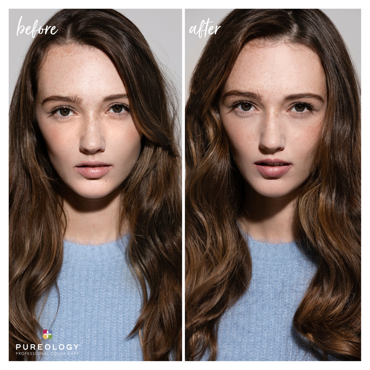 Before and after photo showing stronger, healthier, shinier hair