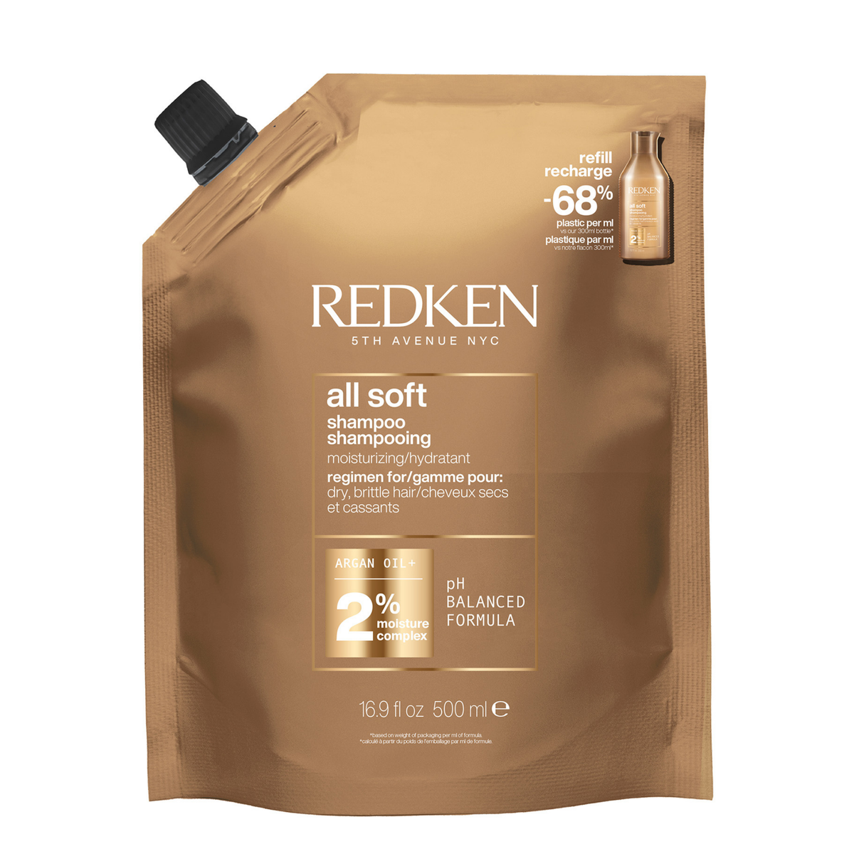Redken All Soft Shampoo Refill 500 mL — front of refill pouch