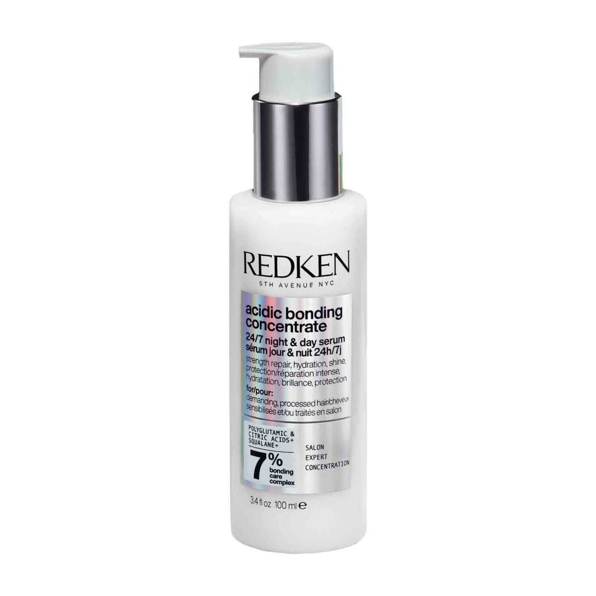 Redken Acidic Bonding Concentrate 24/7 Night & Day Serum 100ml — front of pump bottle on white background